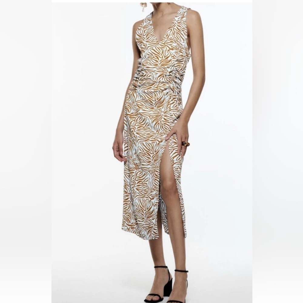 Zara White and Tan Zebra-Print Midi Dress with Side Slit